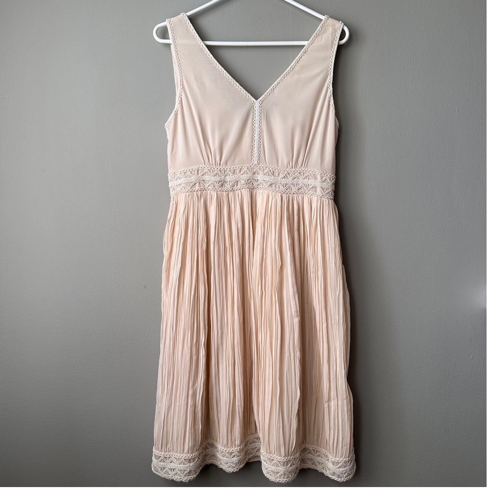 Massimo Dutti Midi Dress Women 6 Blush Beaded Pleated Romantic Dainty Fairy Doll